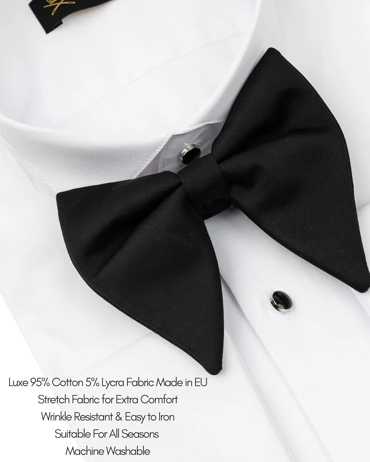 Men's White Wing Collar Tuxedo Shirt with French Cuffs | Set Incl. Cufflinks & Black Bow Tie | Luxe Dress Shirts for Men