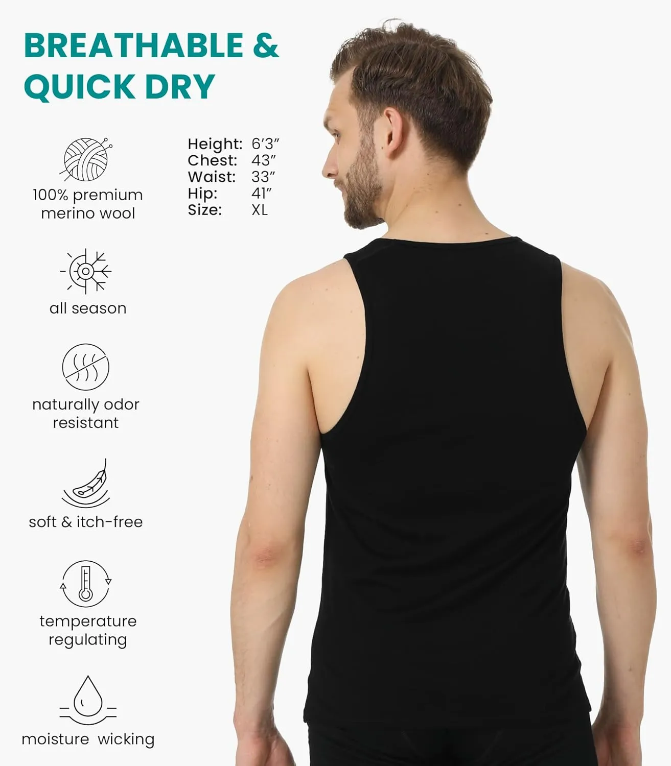 Merino Wool Tank Top Men - Active Merino Wool Undershirt Moisture Wicking Breathable Anti-Odor Lightweight Base Layer
