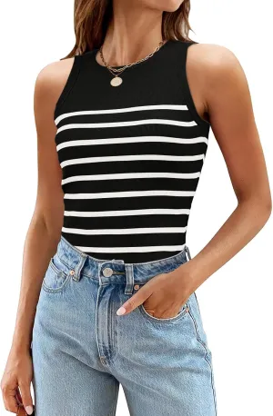 MEROKEETY Women's Ribbed Knit Tank Top 2025 Summer Casual High Neck Striped Sleeveless Shirts