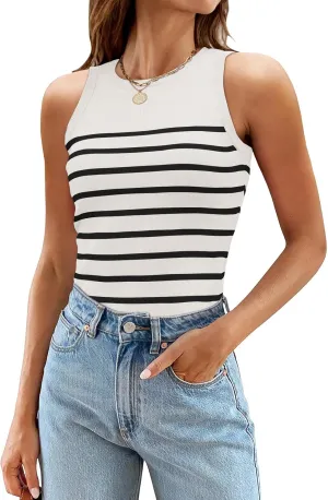 MEROKEETY Women's Ribbed Knit Tank Top 2025 Summer Casual High Neck Striped Sleeveless Shirts