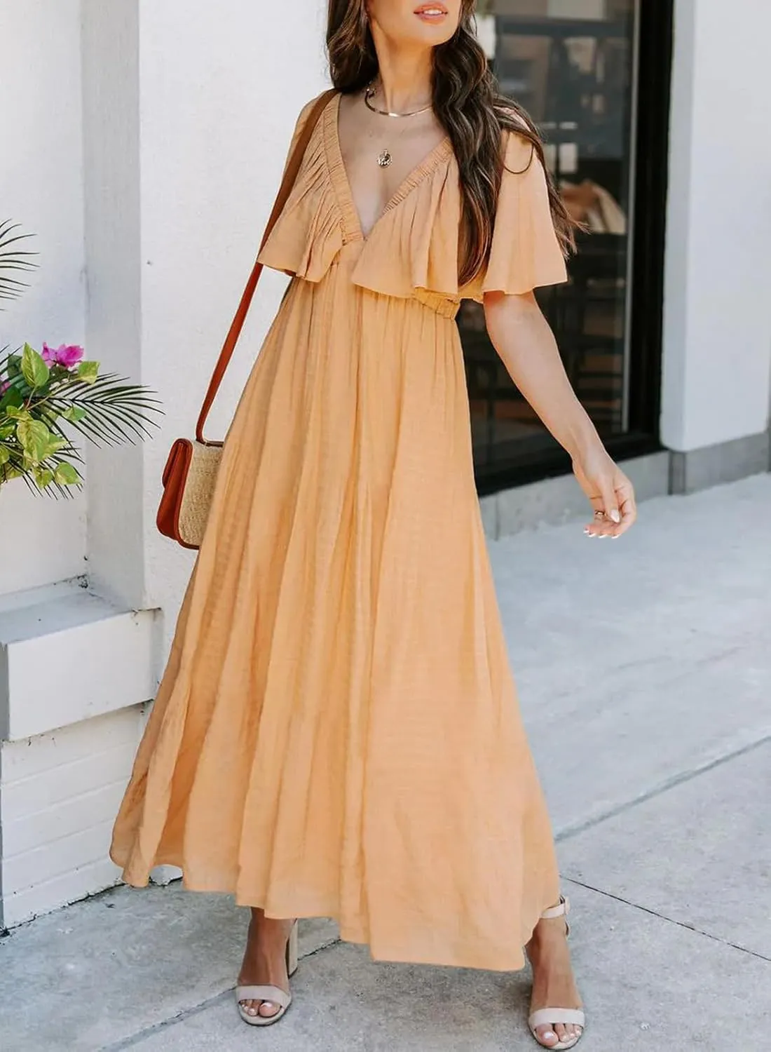 miduo Womens Deep V Neck Flutter Short Sleeve Open Back Flowy Maxi Long Dresses