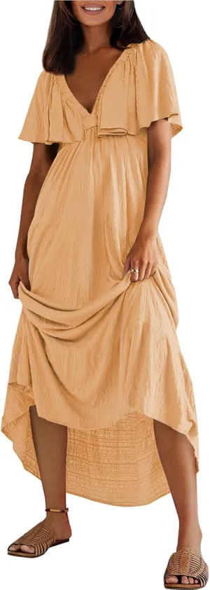 miduo Womens Deep V Neck Flutter Short Sleeve Open Back Flowy Maxi Long Dresses