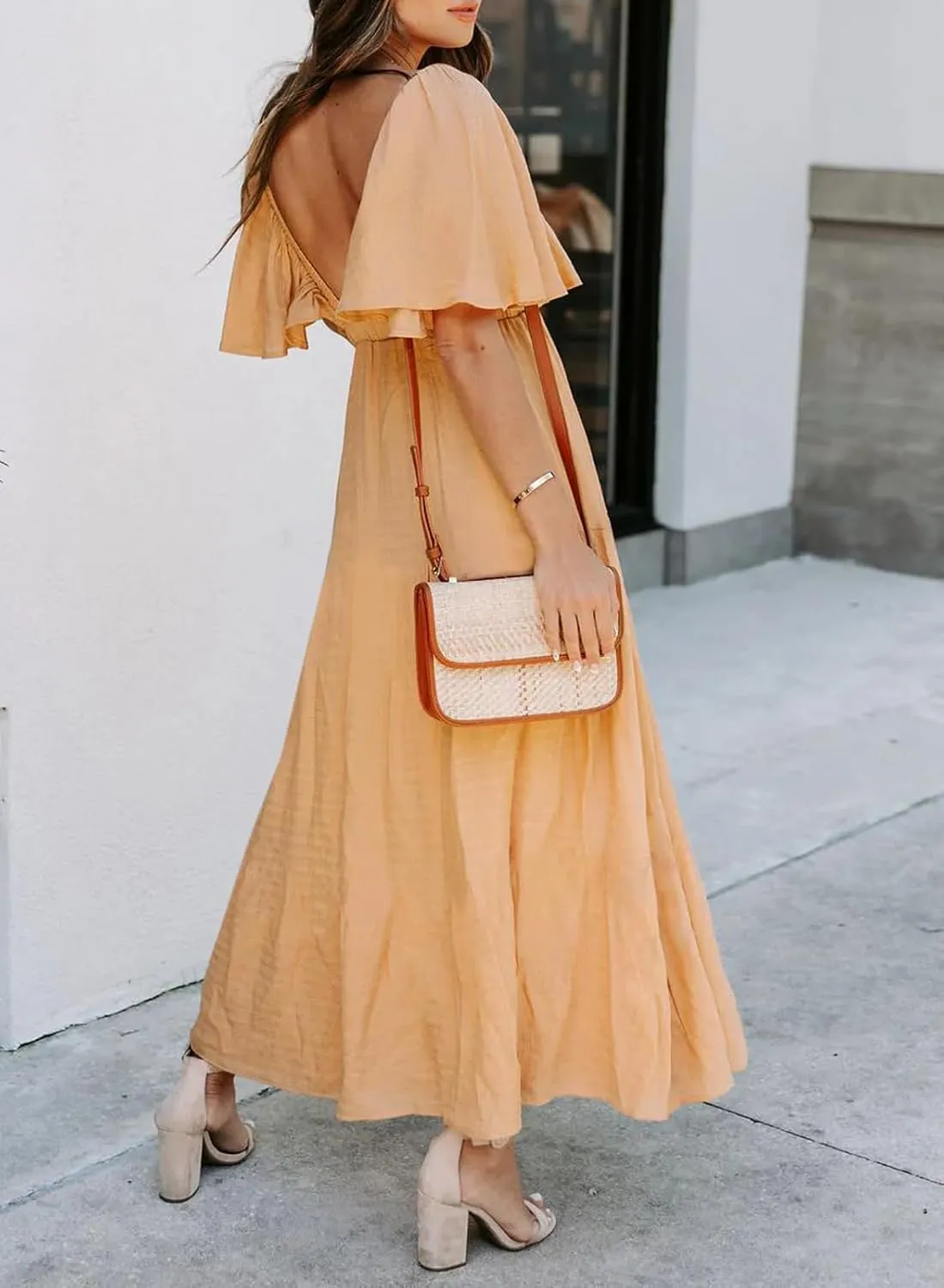 miduo Womens Deep V Neck Flutter Short Sleeve Open Back Flowy Maxi Long Dresses