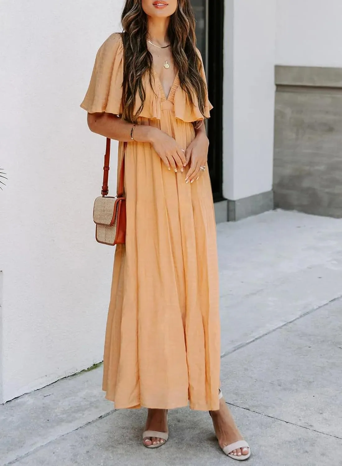 miduo Womens Deep V Neck Flutter Short Sleeve Open Back Flowy Maxi Long Dresses