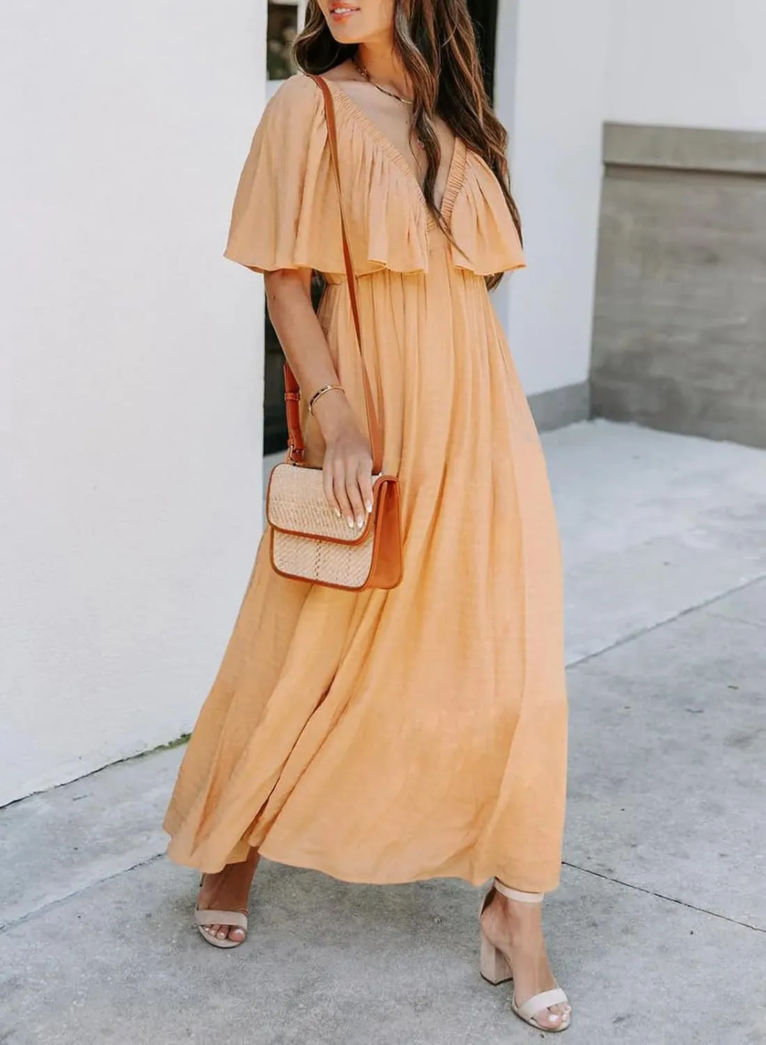 miduo Womens Deep V Neck Flutter Short Sleeve Open Back Flowy Maxi Long Dresses