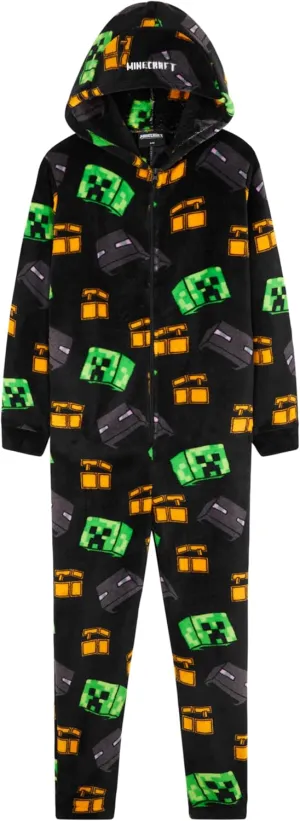 Minecraft Boys Fleece Hooded One-Piece Pajamas, Warm Fleece Hooded Loungewear Suit for Boys - Gifts for Gamers