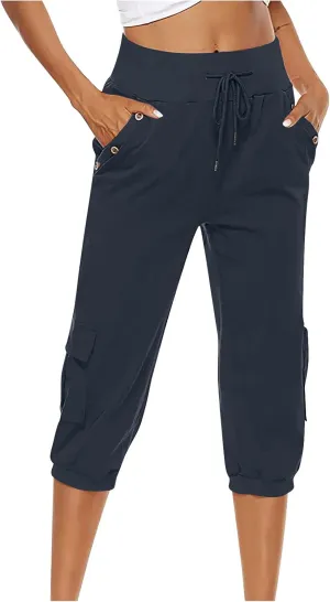 MINzYI Linen Pants for Women High Waisted Wide Leg Capris Summer Casual Button Elastic Waist Cropped Trousers with Pockets
