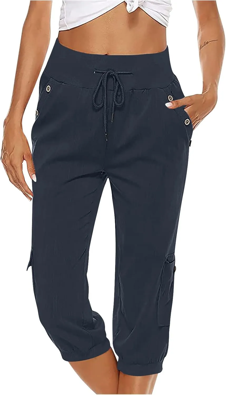MINzYI Linen Pants for Women High Waisted Wide Leg Capris Summer Casual Button Elastic Waist Cropped Trousers with Pockets