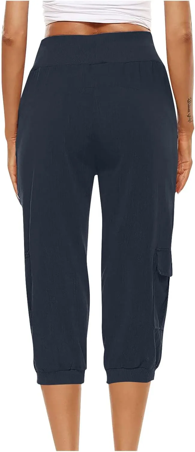MINzYI Linen Pants for Women High Waisted Wide Leg Capris Summer Casual Button Elastic Waist Cropped Trousers with Pockets