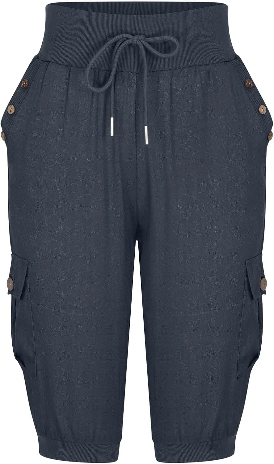 MINzYI Linen Pants for Women High Waisted Wide Leg Capris Summer Casual Button Elastic Waist Cropped Trousers with Pockets