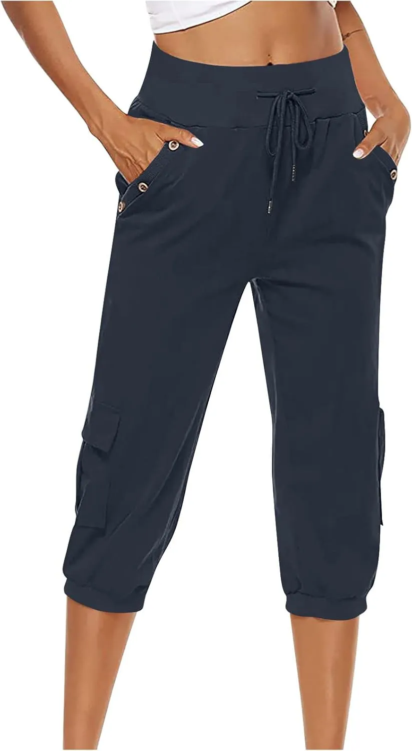 MINzYI Linen Pants for Women High Waisted Wide Leg Capris Summer Casual Button Elastic Waist Cropped Trousers with Pockets