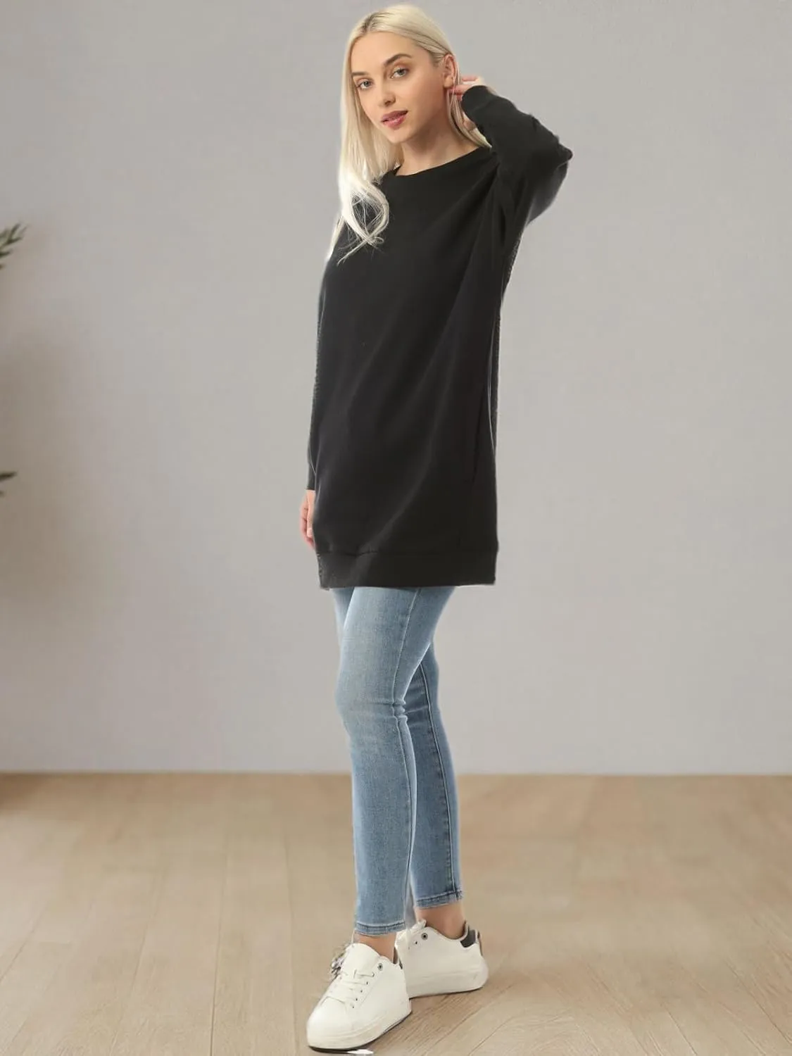 MixMatchy Women's Casual Oversized Crew Neck Fleece Pullover Sweatshirts Tunic Fall Outfits Y2K Winter Clothes