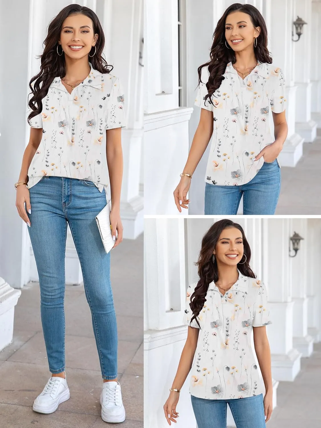 MK Shop Limited Polo Shirts for Women Business Casual Work Lapel Collared Tops V Neck Summer Golf Polos Tunic Blouse