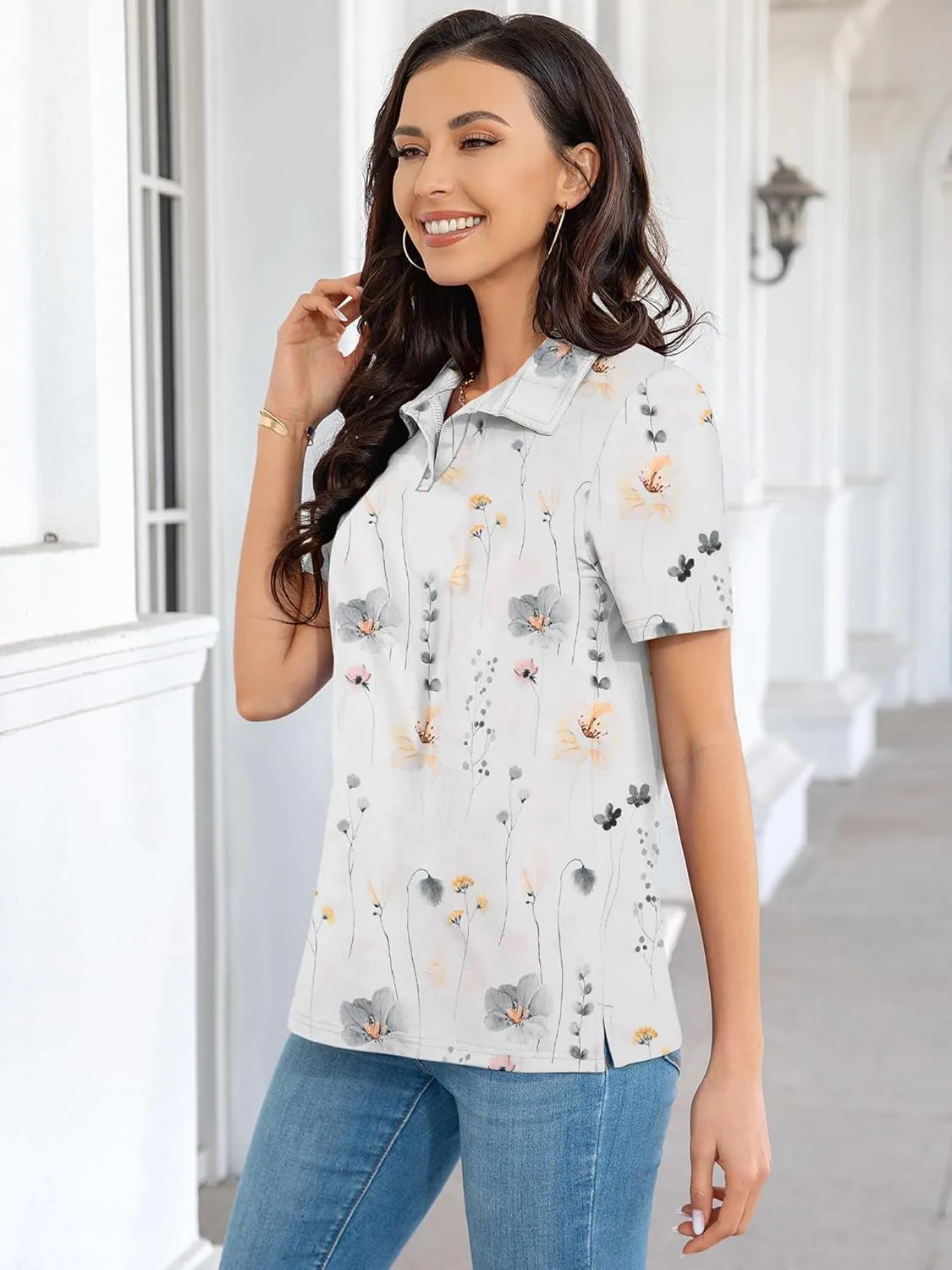 MK Shop Limited Polo Shirts for Women Business Casual Work Lapel Collared Tops V Neck Summer Golf Polos Tunic Blouse