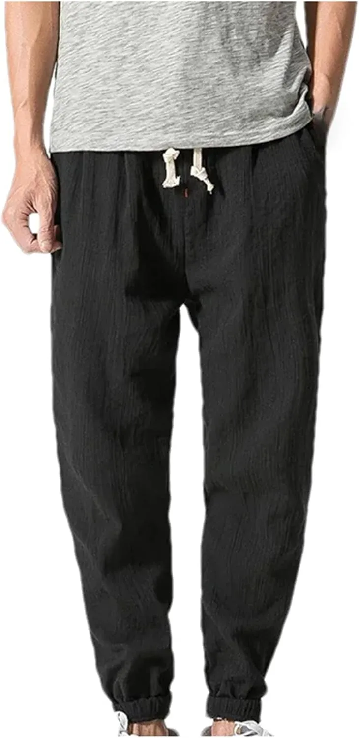 Mnjyihy Men's Summer Cotton Linen Harem Pants Casual Loose Elastic Waist Drawstring Jogging Trousers