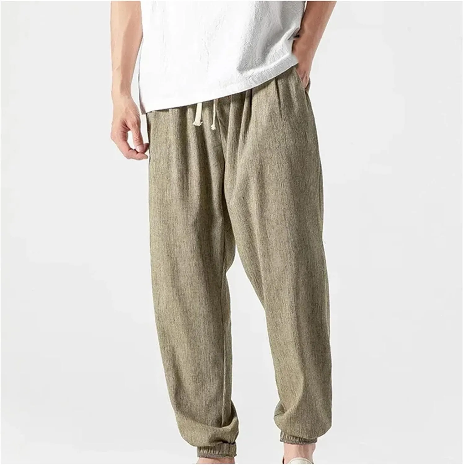 Mnjyihy Men's Summer Cotton Linen Harem Pants Casual Loose Elastic Waist Drawstring Jogging Trousers