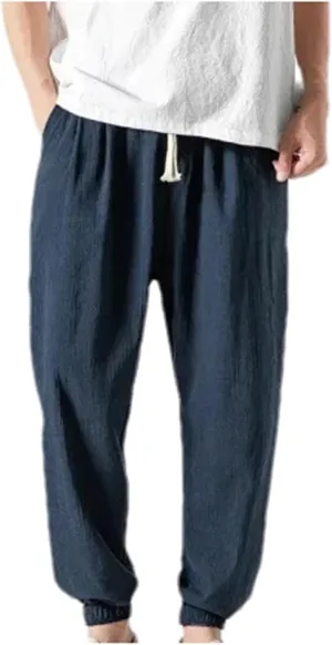 Mnjyihy Men's Summer Cotton Linen Harem Pants Casual Loose Elastic Waist Drawstring Jogging Trousers