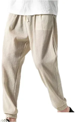Mnjyihy Men's Summer Cotton Linen Harem Pants Casual Loose Elastic Waist Drawstring Jogging Trousers