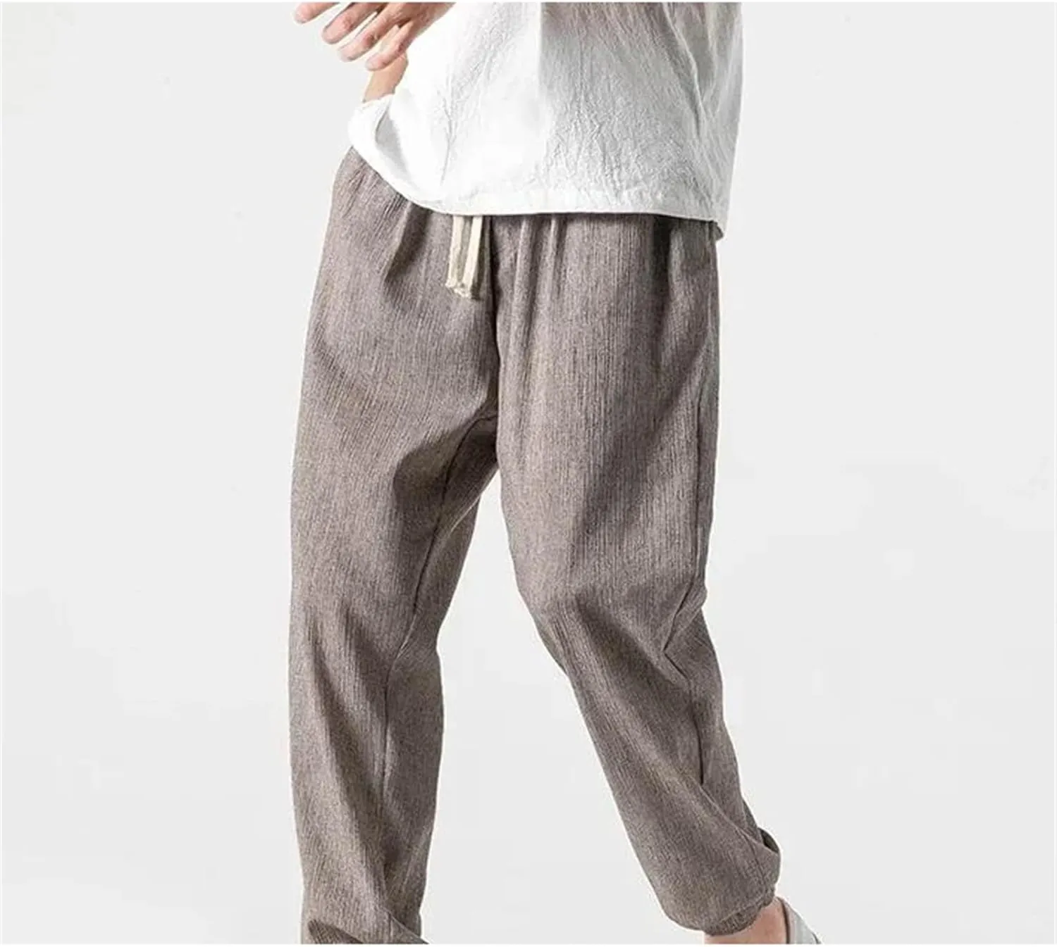 Mnjyihy Men's Summer Cotton Linen Harem Pants Casual Loose Elastic Waist Drawstring Jogging Trousers