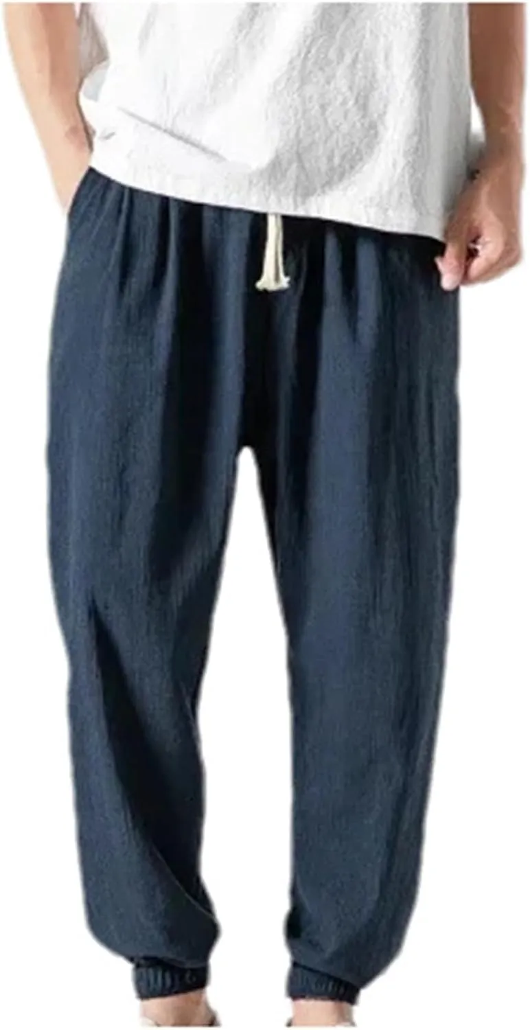 Mnjyihy Men's Summer Cotton Linen Harem Pants Casual Loose Elastic Waist Drawstring Jogging Trousers