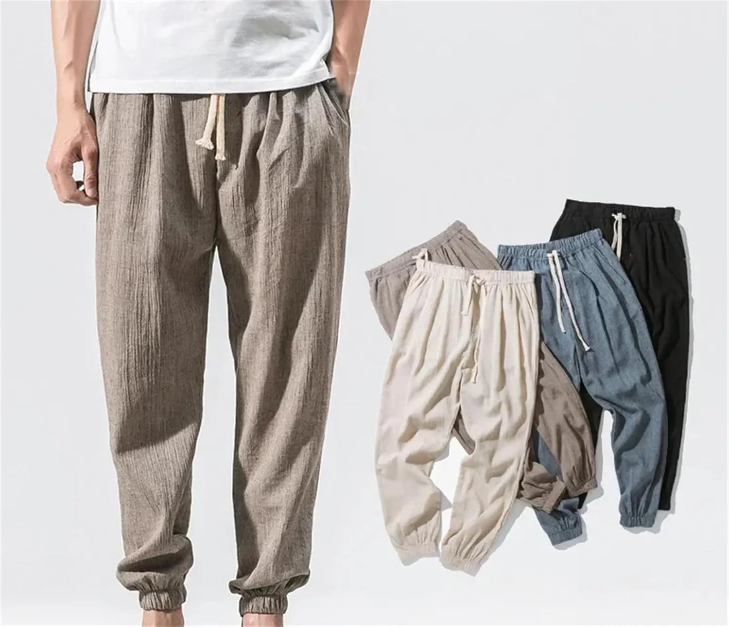 Mnjyihy Men's Summer Cotton Linen Harem Pants Casual Loose Elastic Waist Drawstring Jogging Trousers
