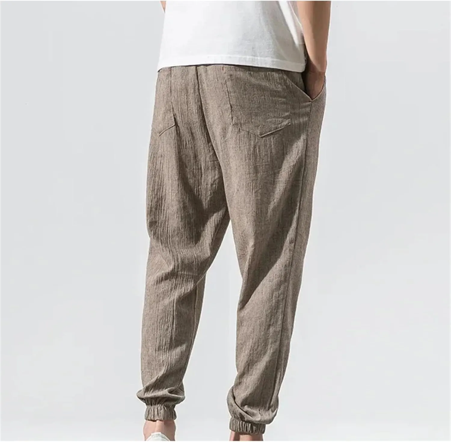 Mnjyihy Men's Summer Cotton Linen Harem Pants Casual Loose Elastic Waist Drawstring Jogging Trousers