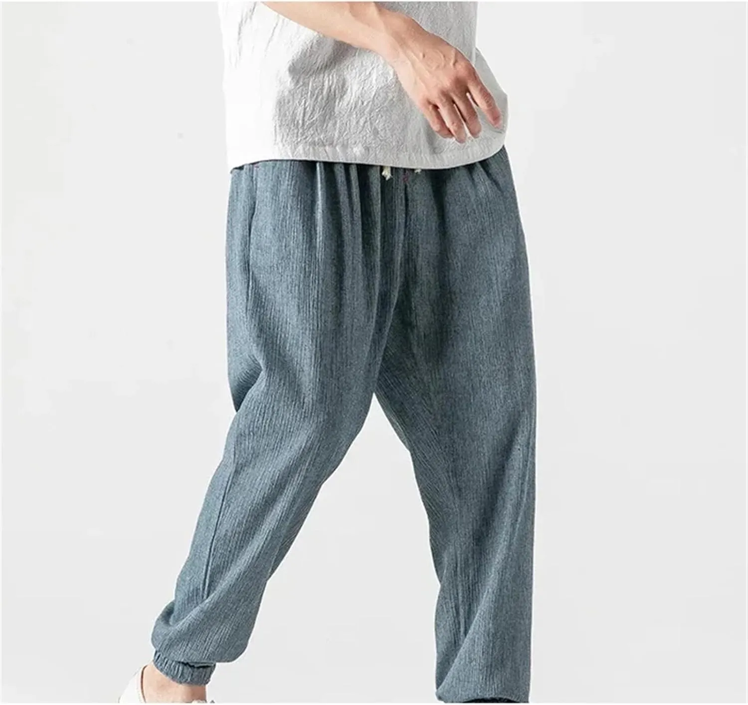 Mnjyihy Men's Summer Cotton Linen Harem Pants Casual Loose Elastic Waist Drawstring Jogging Trousers