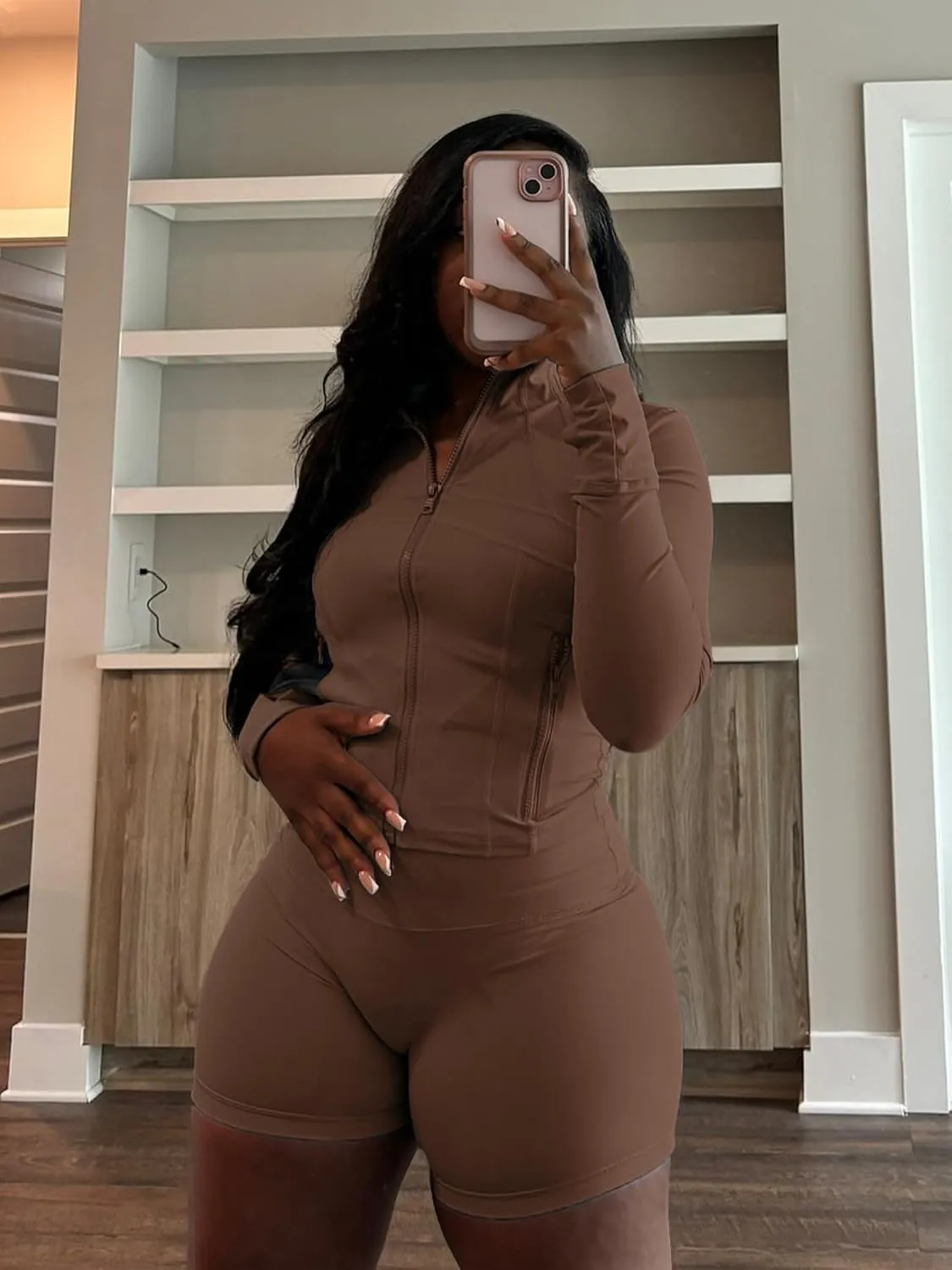 Molilove Womens 2 Piece Outfits Lounge Sweatsuit Set Long Sleeve Zipper Crop Jacket and Shorts Tracksuits Workout Set