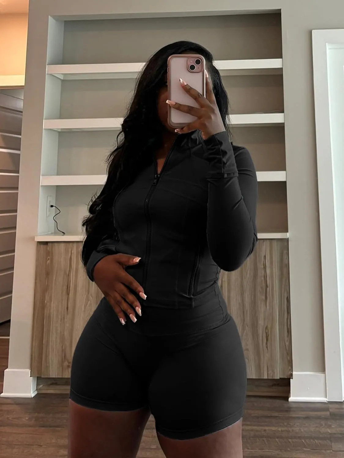 Molilove Womens 2 Piece Outfits Lounge Sweatsuit Set Long Sleeve Zipper Crop Jacket and Shorts Tracksuits Workout Set