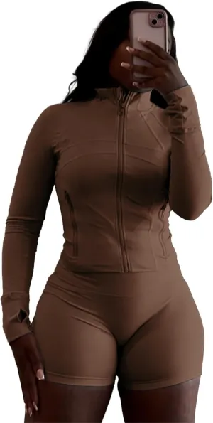 Molilove Womens 2 Piece Outfits Lounge Sweatsuit Set Long Sleeve Zipper Crop Jacket and Shorts Tracksuits Workout Set
