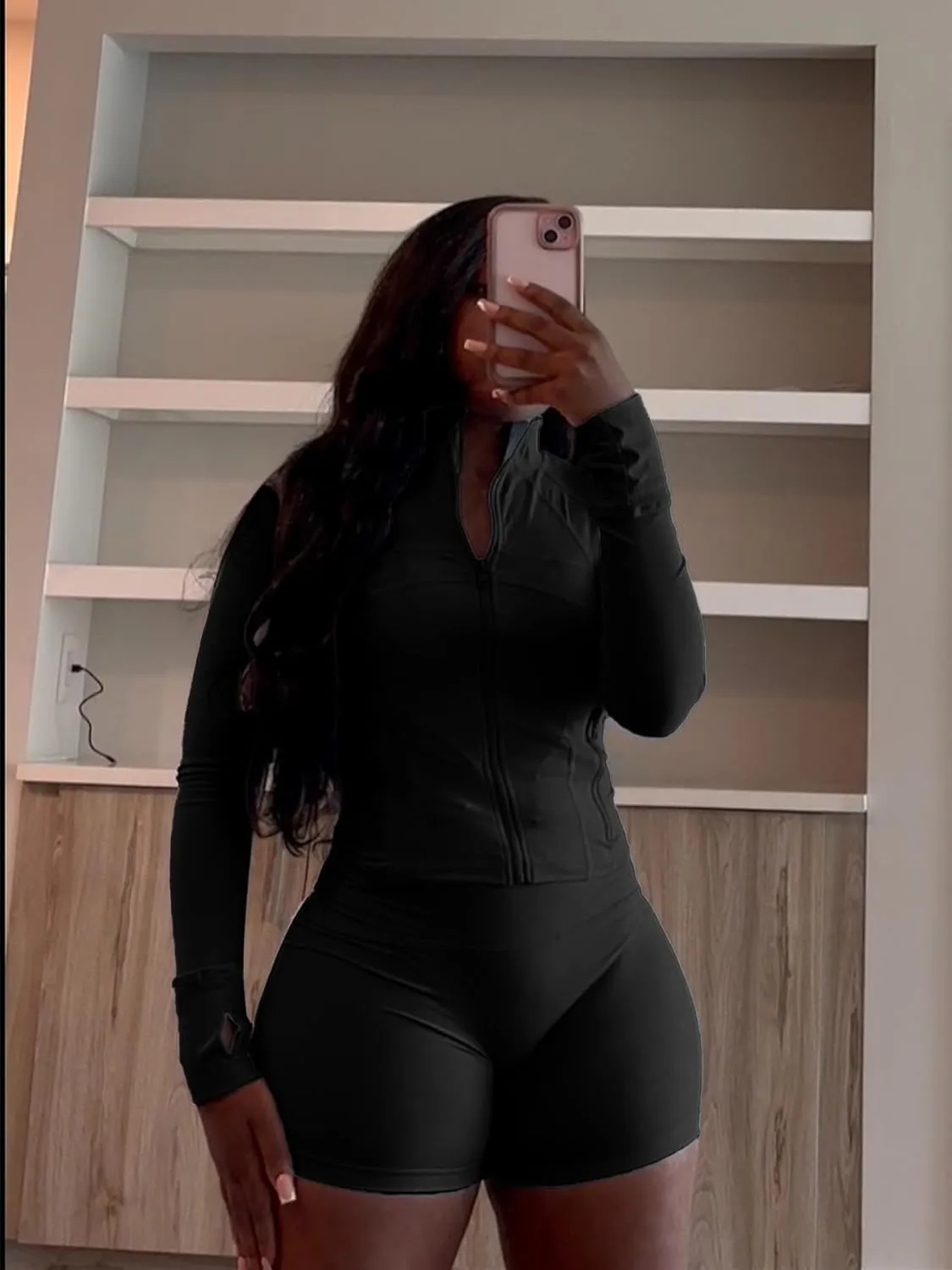 Molilove Womens 2 Piece Outfits Lounge Sweatsuit Set Long Sleeve Zipper Crop Jacket and Shorts Tracksuits Workout Set