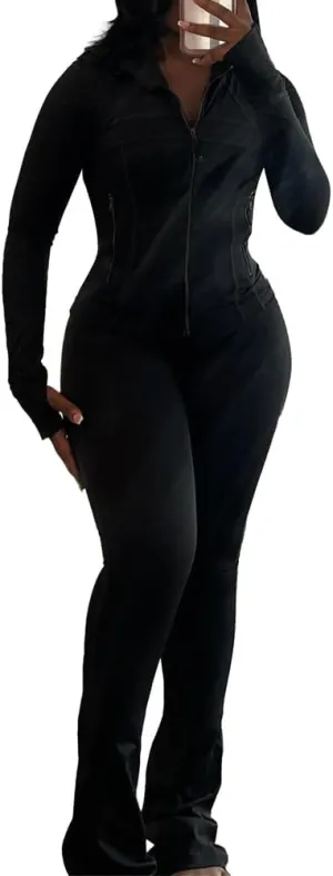 Molilove Womens 2 Piece Outfits Lounge Sweatsuit Set Long Sleeve Zipper Crop Jacket Long Flare Pants Tracksuits Workout Set