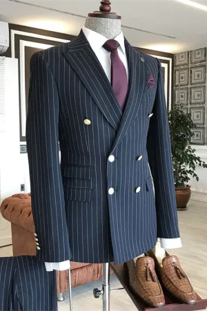 Navy Blue Peaked Lapel Double Breasted Striped Business Suits Two Pieces Groomen Suits