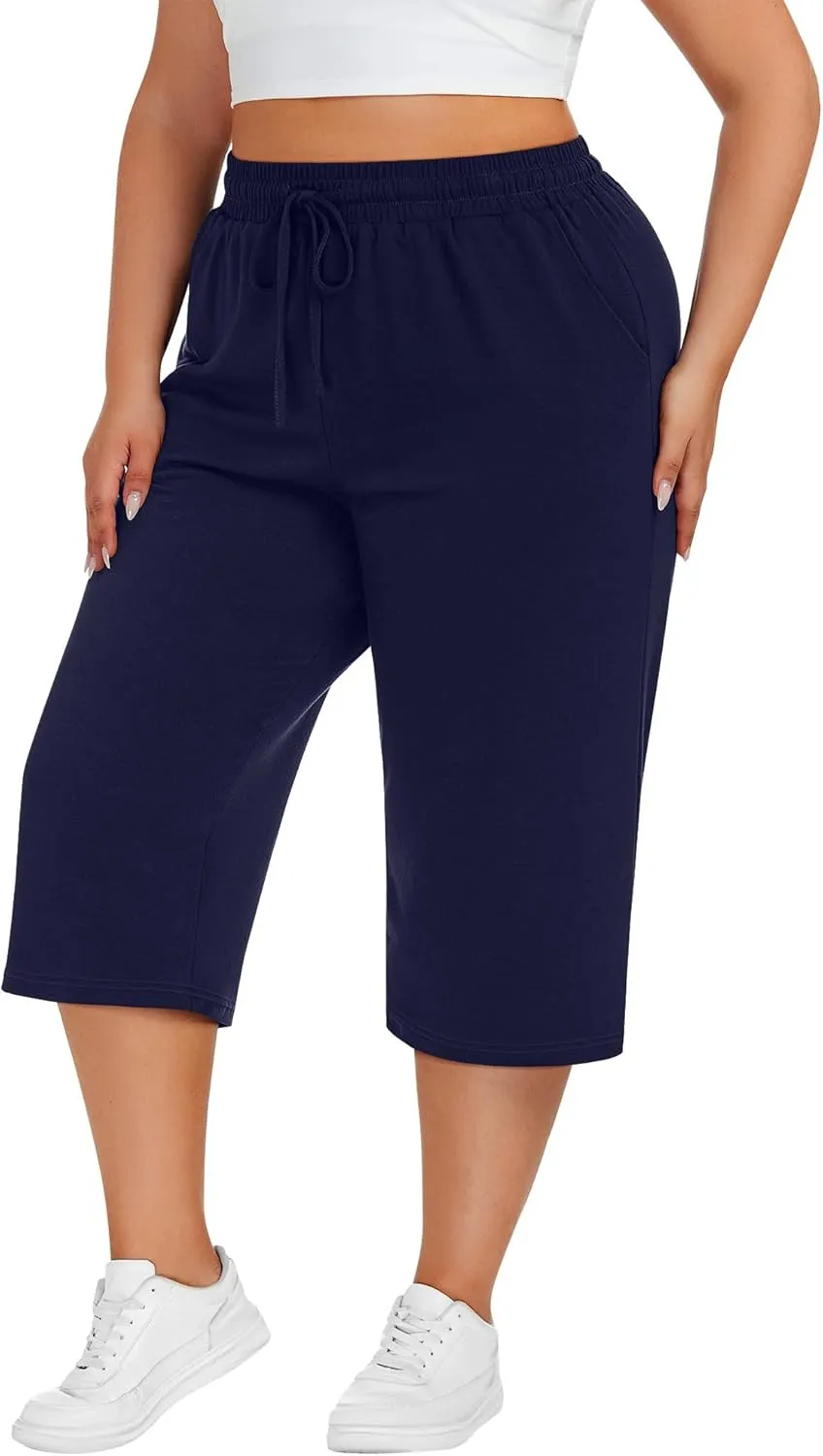 Neer 3 Pack Women's Plus Size Cotton Capris, Stretchy Wide Leg Cropped Pants with Pockets Loose Fit Lounge Pajama Sweatpants