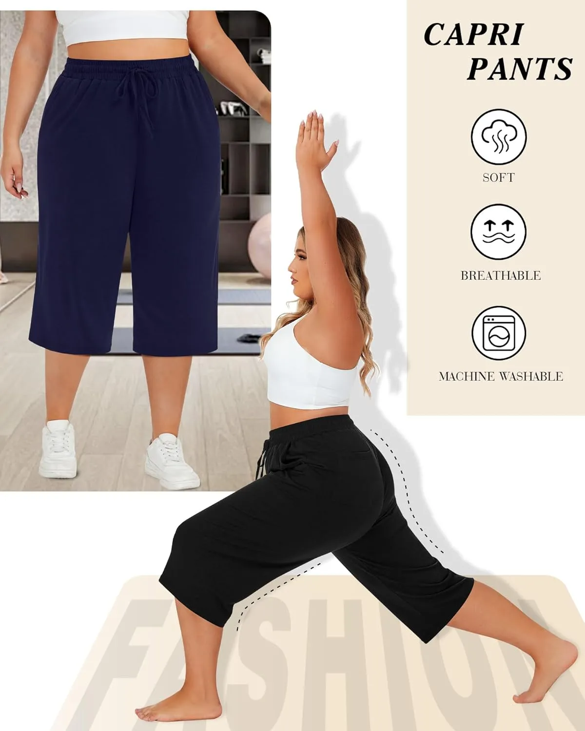 Neer 3 Pack Women's Plus Size Cotton Capris, Stretchy Wide Leg Cropped Pants with Pockets Loose Fit Lounge Pajama Sweatpants