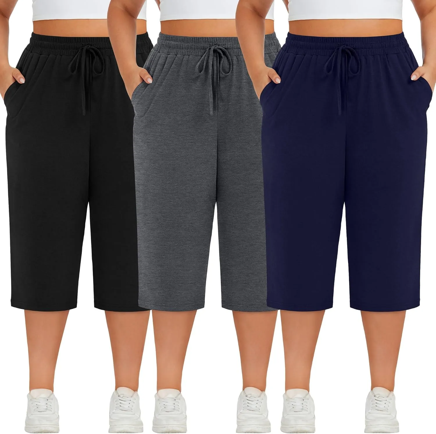 Neer 3 Pack Women's Plus Size Cotton Capris, Stretchy Wide Leg Cropped Pants with Pockets Loose Fit Lounge Pajama Sweatpants
