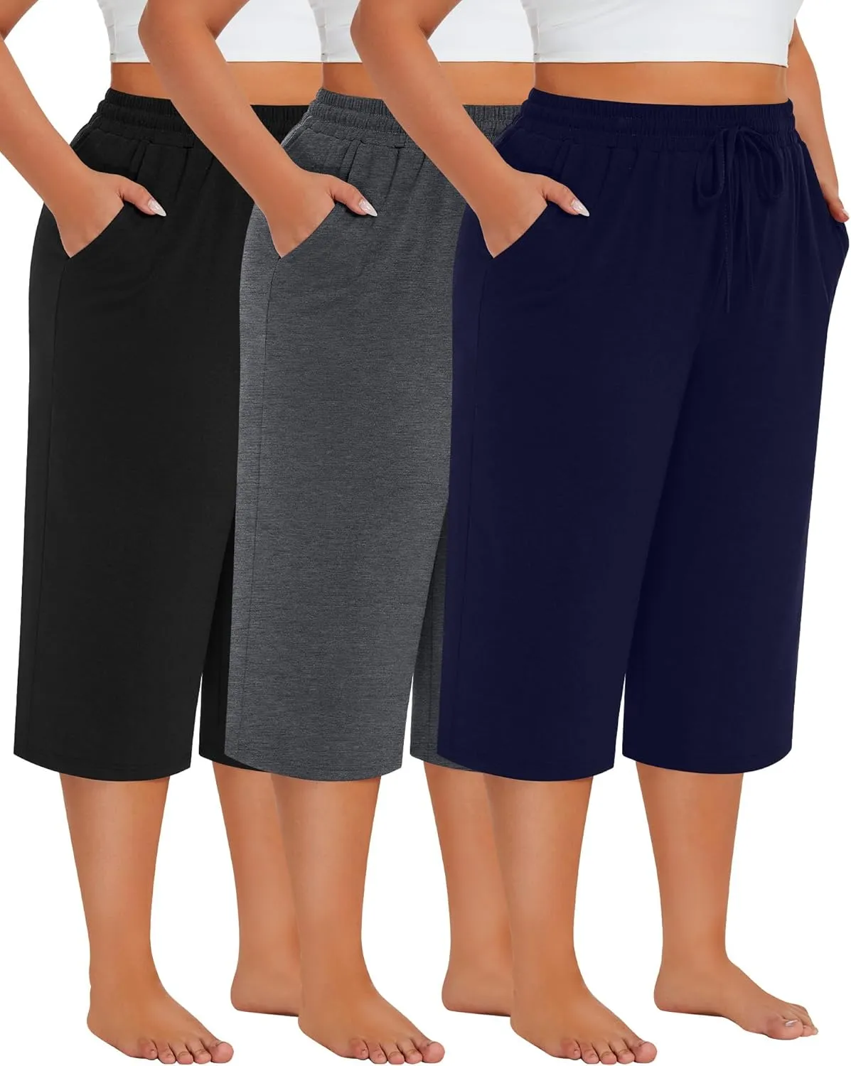 Neer 3 Pack Women's Plus Size Cotton Capris, Stretchy Wide Leg Cropped Pants with Pockets Loose Fit Lounge Pajama Sweatpants