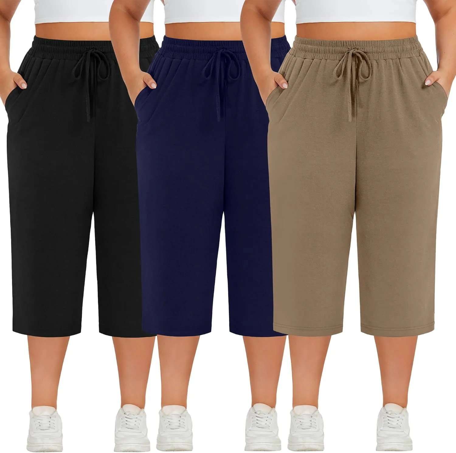 Neer 3 Pack Women's Plus Size Cotton Capris, Stretchy Wide Leg Cropped Pants with Pockets Loose Fit Lounge Pajama Sweatpants