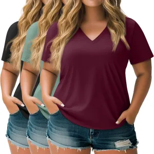 Neer 3 Pack Women's Plus Size T Shirts Short Sleeve V Neck Tops Solid Flat Hem Basic Loose Causal Tees