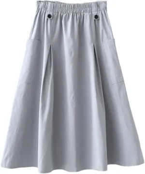 Niiyyjj Korean Summer Midi Skirt Women Cotton Pocket A-Line Casual Solid Elastic Waist Pleated Skirt