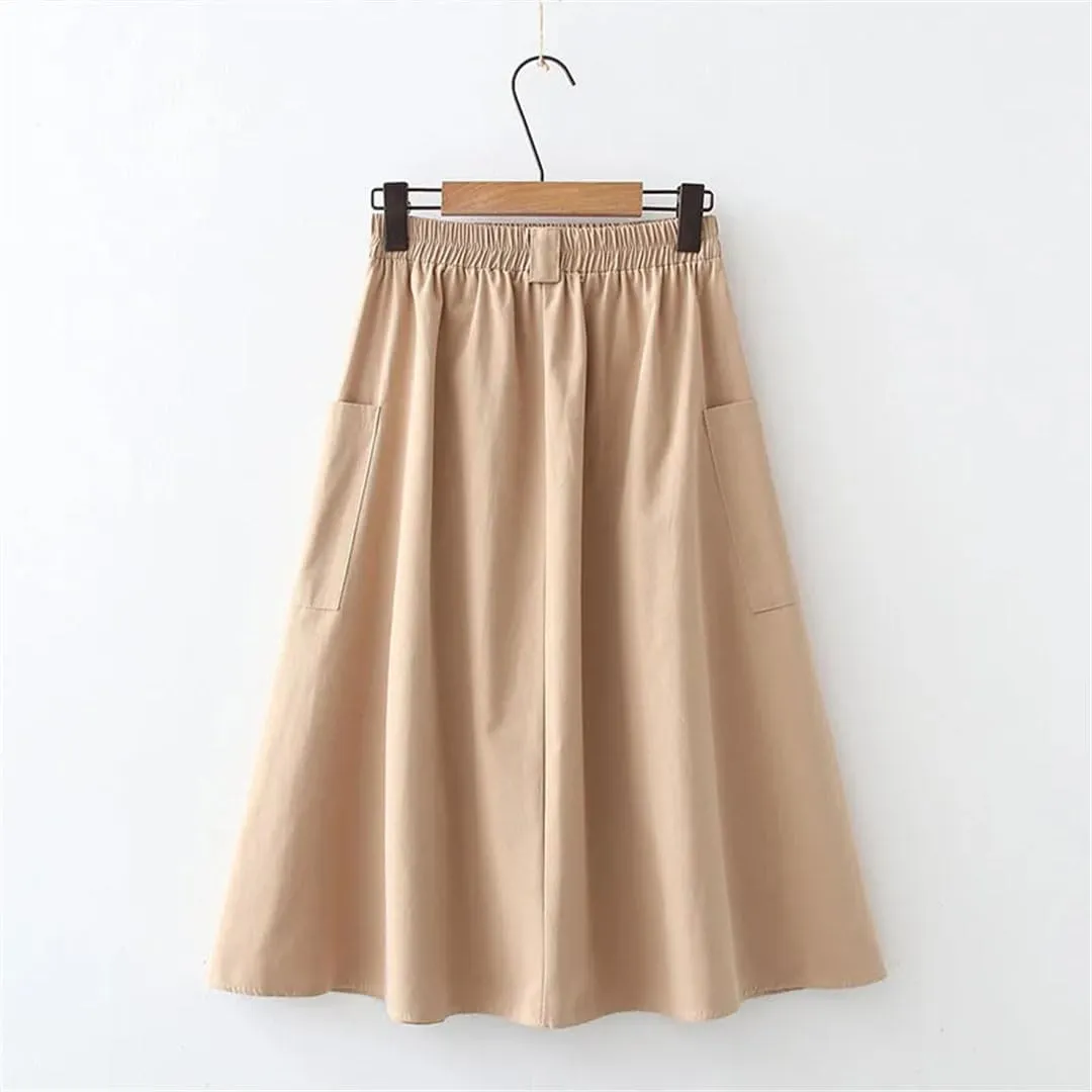 Niiyyjj Korean Summer Midi Skirt Women Cotton Pocket A-Line Casual Solid Elastic Waist Pleated Skirt