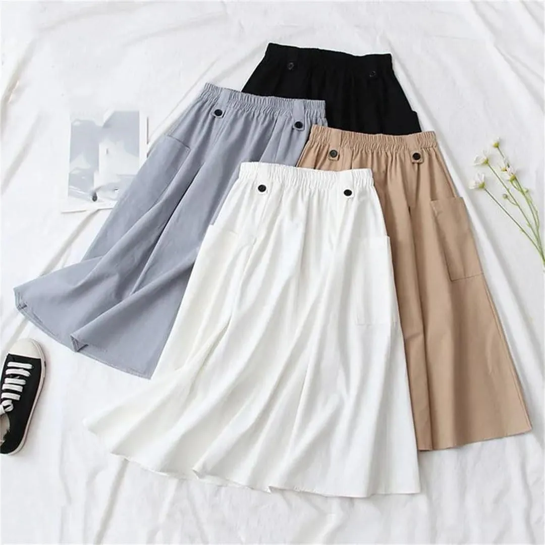 Niiyyjj Korean Summer Midi Skirt Women Cotton Pocket A-Line Casual Solid Elastic Waist Pleated Skirt