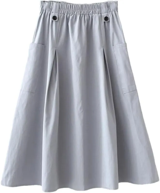 Niiyyjj Korean Summer Midi Skirt Women Cotton Pocket A-Line Casual Solid Elastic Waist Pleated Skirt