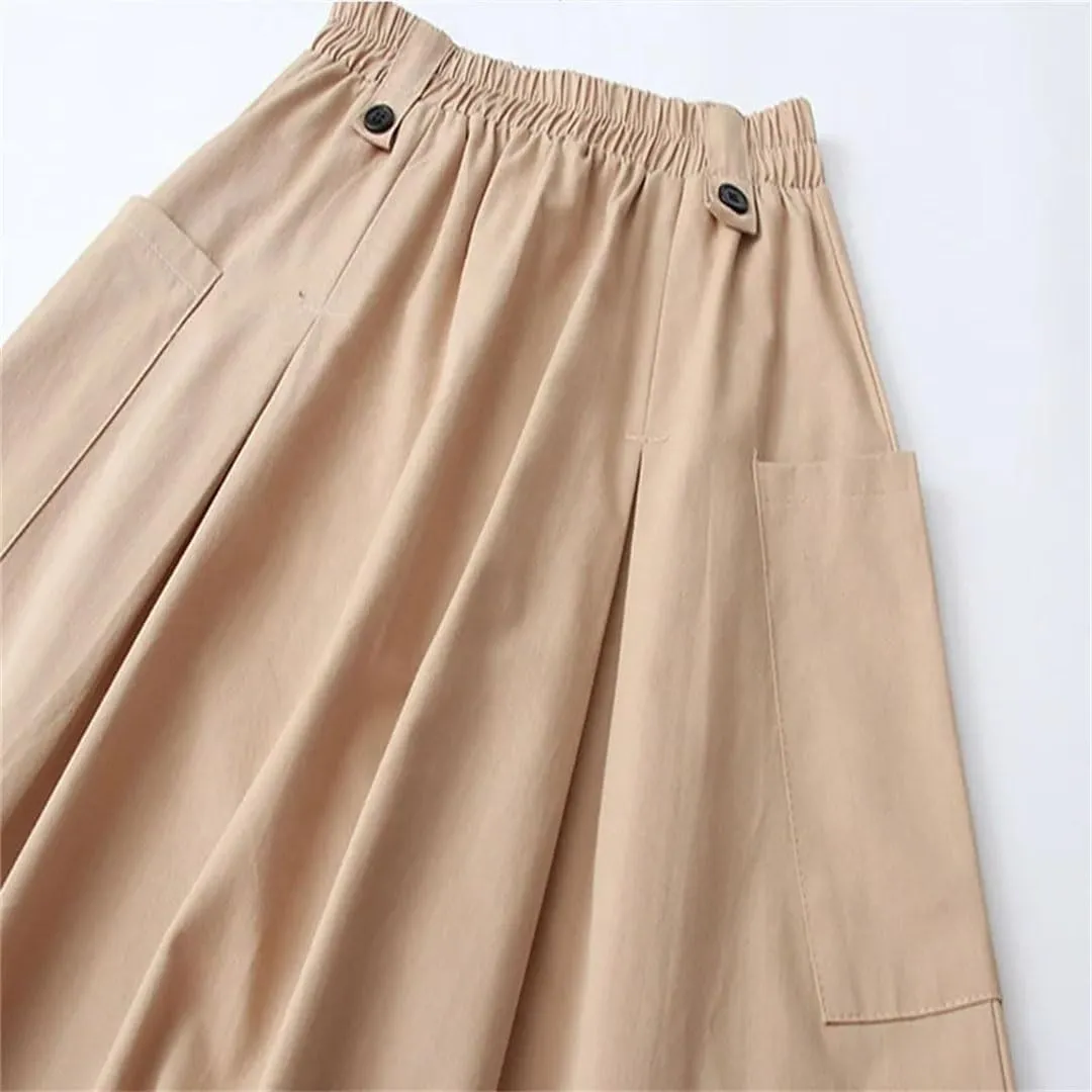 Niiyyjj Korean Summer Midi Skirt Women Cotton Pocket A-Line Casual Solid Elastic Waist Pleated Skirt
