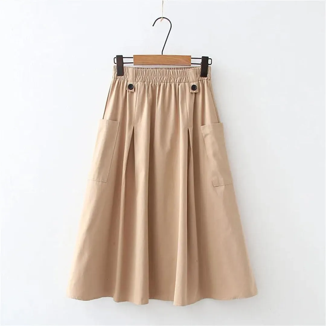 Niiyyjj Korean Summer Midi Skirt Women Cotton Pocket A-Line Casual Solid Elastic Waist Pleated Skirt