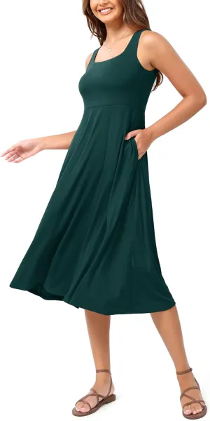 ODODOS Square Neck Midi Dress with Pockets for Women Summer Casual Sleeveless Sundress Flare Tank Dress