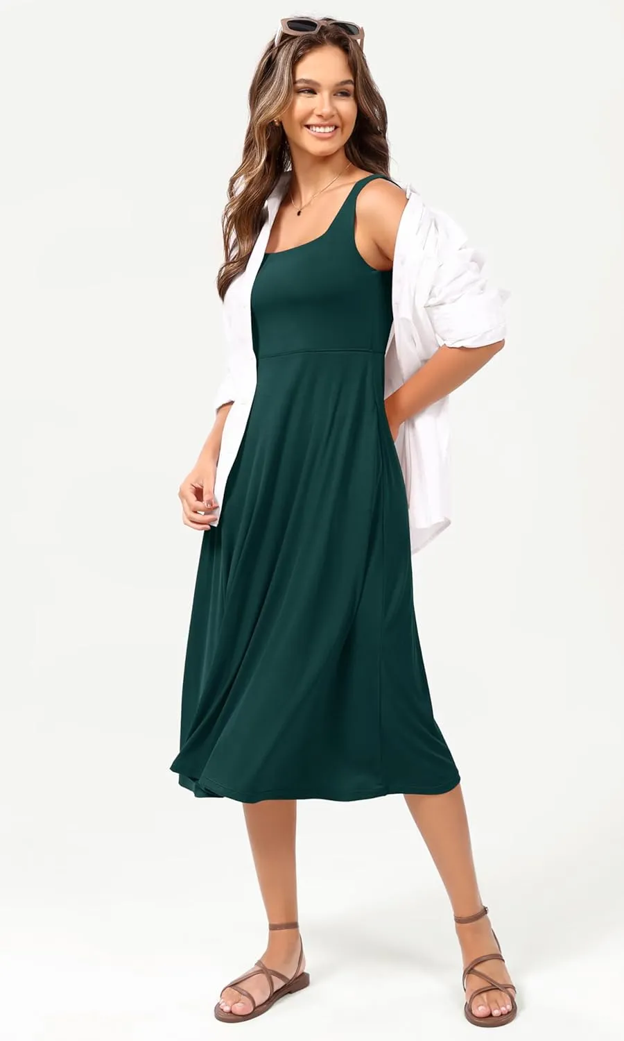 ODODOS Square Neck Midi Dress with Pockets for Women Summer Casual Sleeveless Sundress Flare Tank Dress