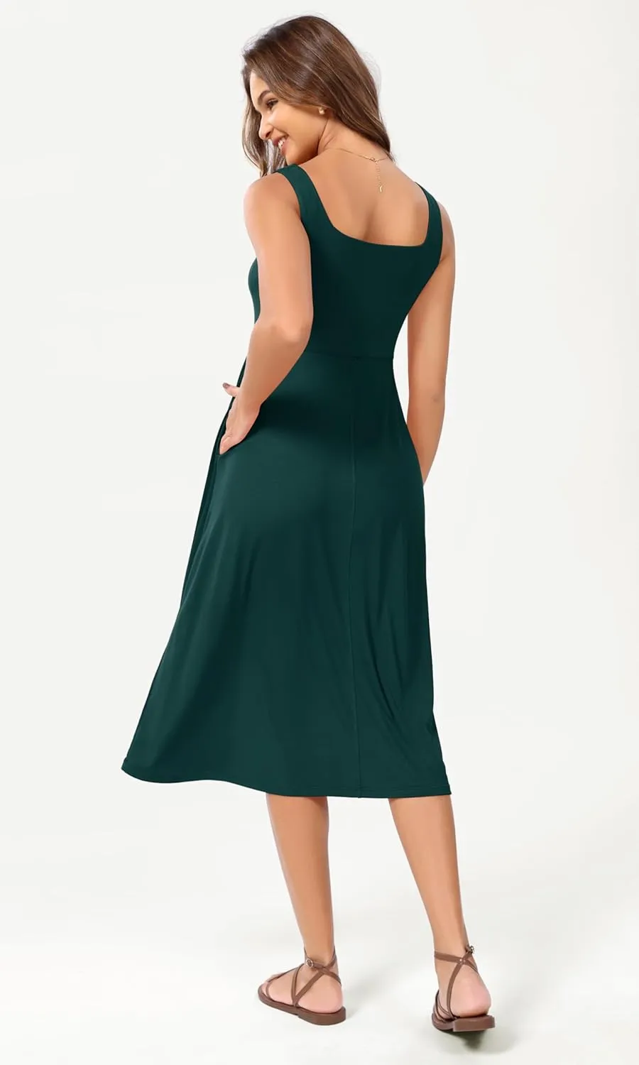 ODODOS Square Neck Midi Dress with Pockets for Women Summer Casual Sleeveless Sundress Flare Tank Dress