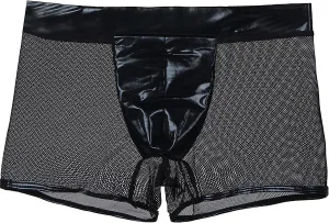 ohyeahlady Mens Sexy Underwear See Through Mesh Boxer Briefs Leather Undies Black Breathable Trunks for Man