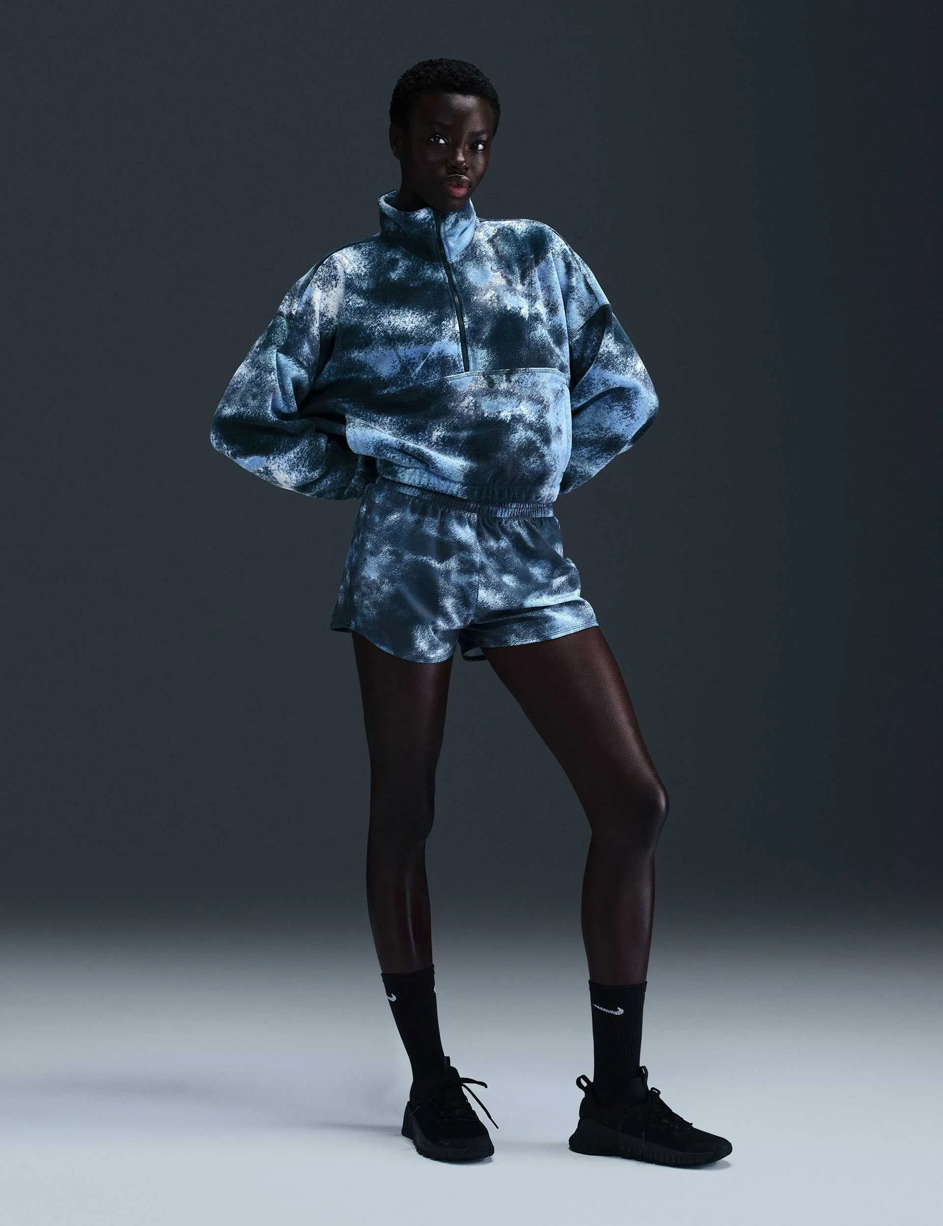 One Oversized 1/2-Zip Fleece Printed Top - Armory Navy